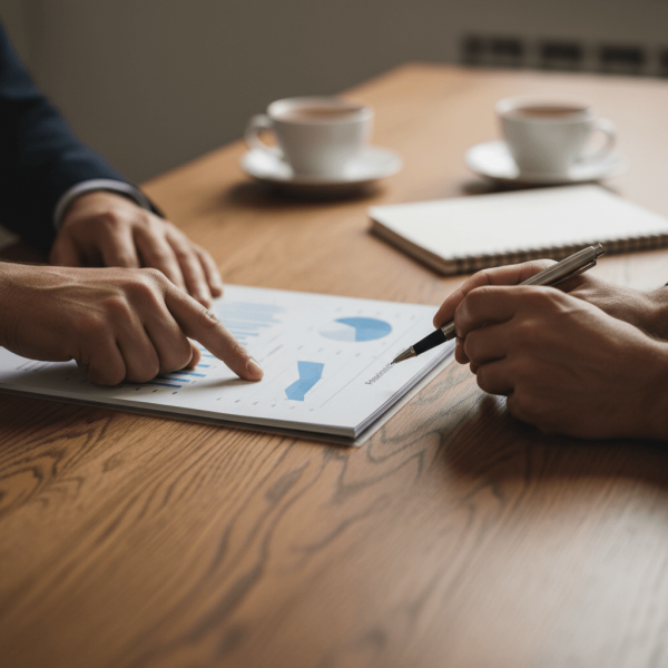 Consultation entre expert SEO et client analysant les indicateurs de performance technique d'une agence