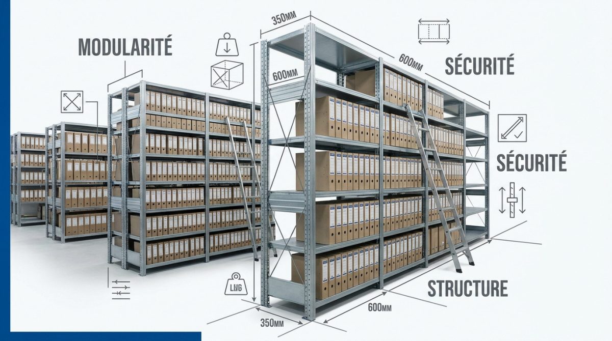 Rayonnages métalliques organisés dans un local d'archives sécurisé