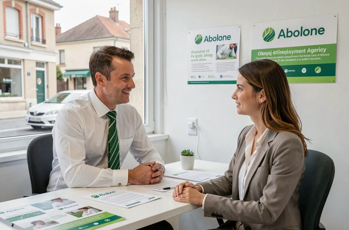 Conseiller en emploi de l'agence Abalone Osny en entretien de placement avec une candidate dans un bureau aux couleurs vertes de la marque