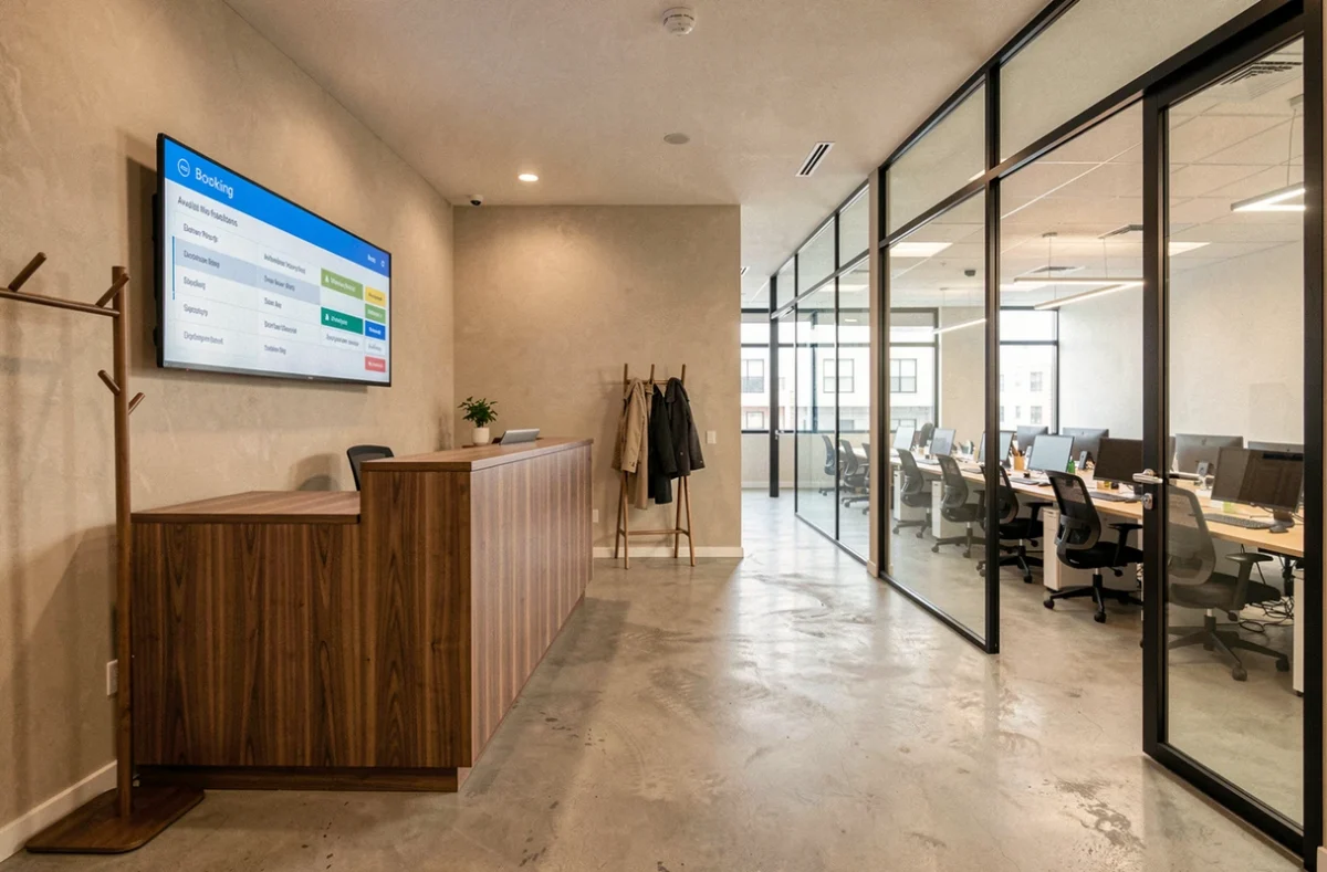 Accueil d'un espace de coworking moderne avec système de réservation de postes et mobilier épuré à Antony