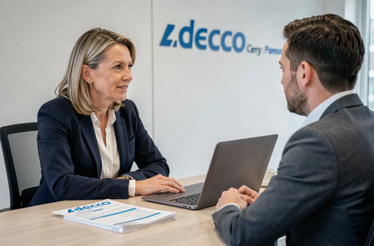 Conseillère en recrutement de l'agence Adecco Cergy en entretien avec un candidat dans un bureau professionnel