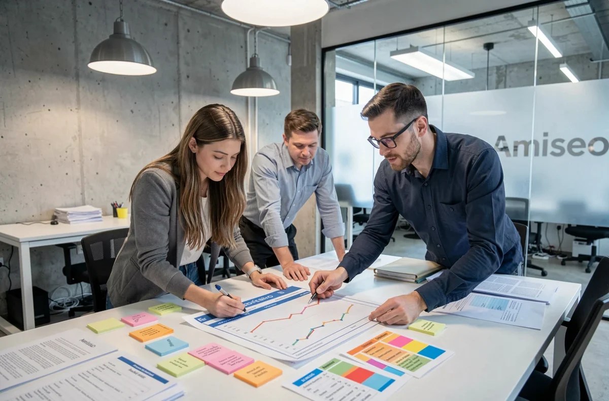 Équipe de l'agence Amiseo analysant un audit SEO détaillé autour d'une table de réunion moderne