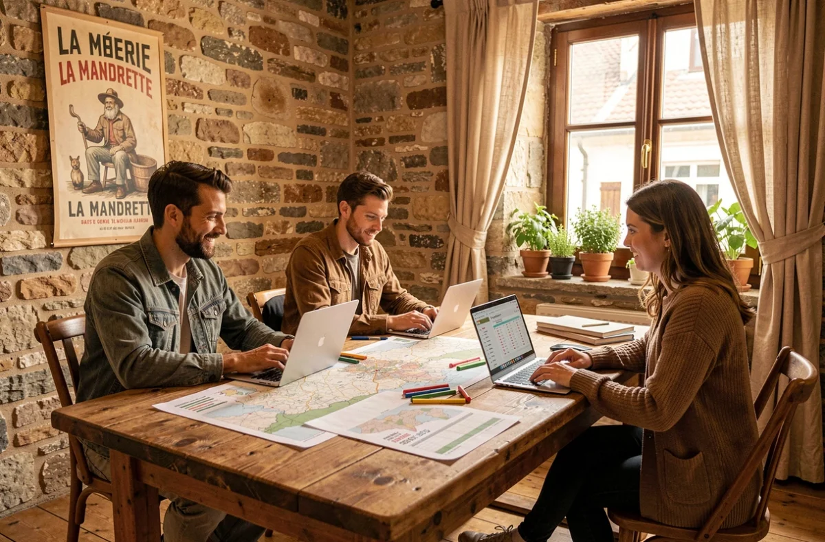 Équipe de l'agence La Mandrette travaillant sur une stratégie de contenu SEO dans un espace de travail créatif et chaleureux