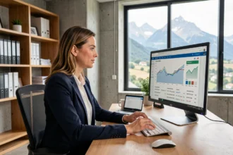 Consultante SEO travaillant sur des analyses de référencement dans une agence digitale des Pyrénées-Atlantiques avec vue sur les montagnes