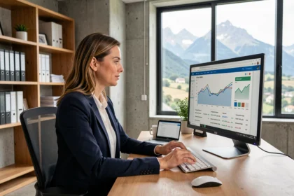 Consultante SEO travaillant sur des analyses de référencement dans une agence digitale des Pyrénées-Atlantiques avec vue sur les montagnes