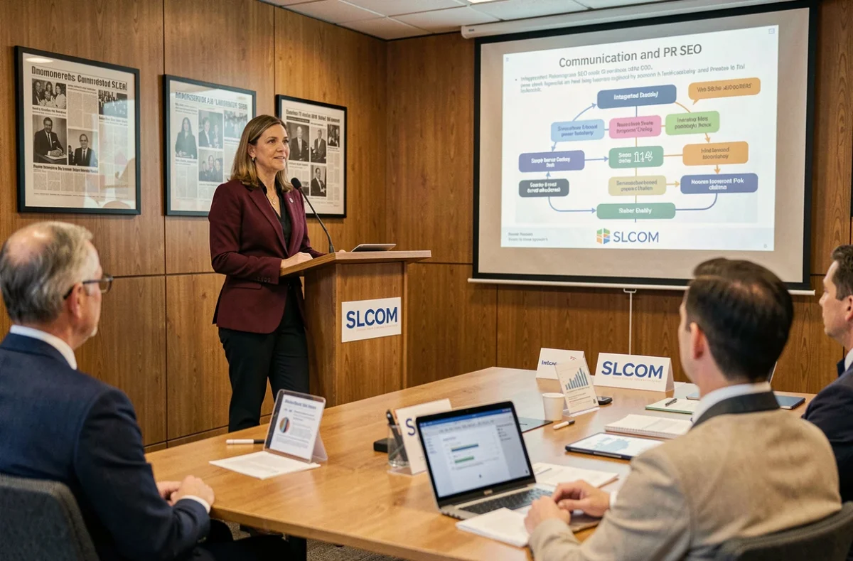 Stratège de l'agence SLCOM présentant une stratégie SEO et relations presse intégrée devant des clients dans une salle de conférence