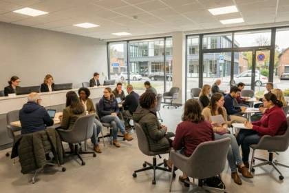 Vue générale d'une agence d'intérim dans le Val-d'Oise avec des candidats et des conseillers en emploi dans un espace moderne