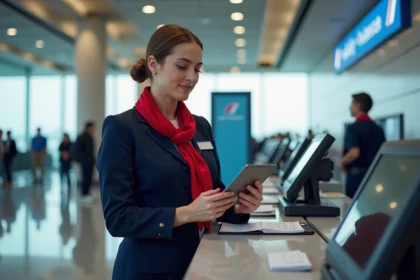 Agent Air France en uniforme au comptoir d'enregistrement consultant une tablette dans un terminal d'aéroport international