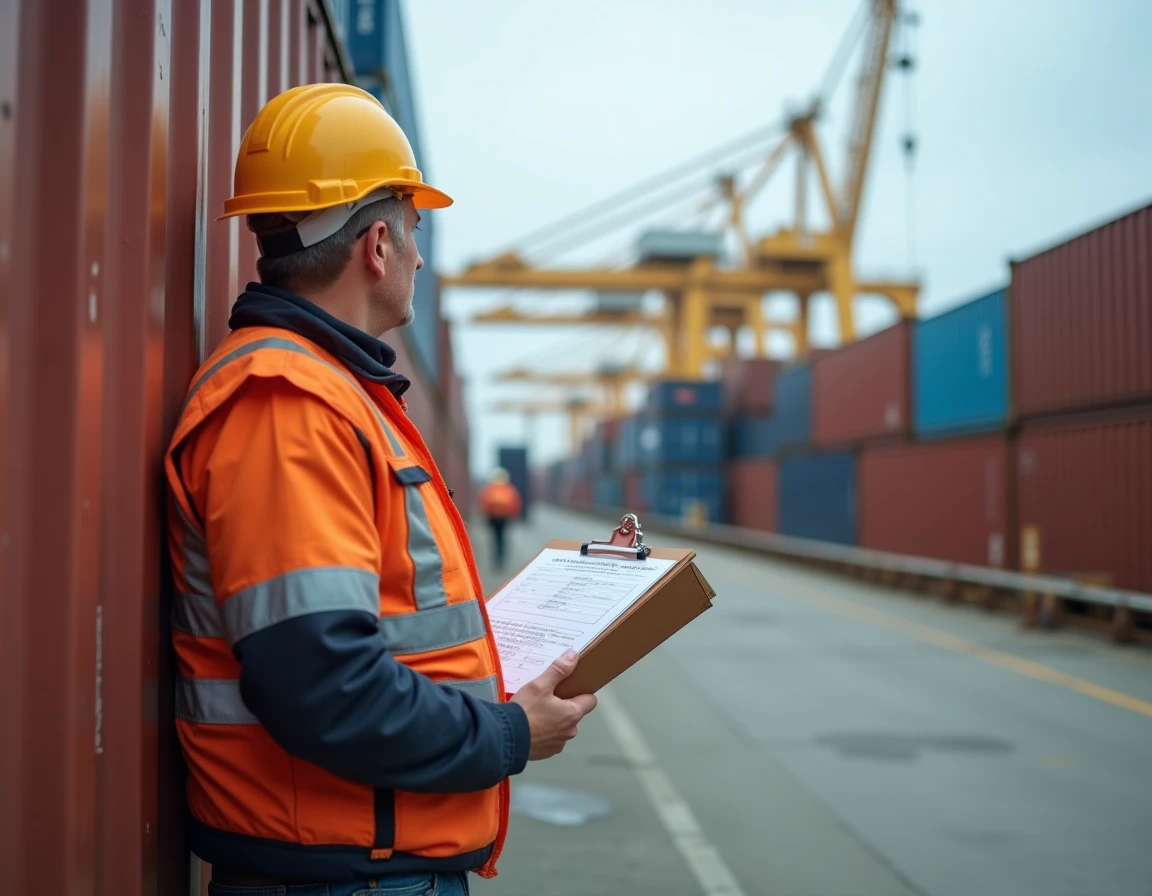 Agent logistique en port maritime gérant des formalités douanières pour une livraison en Incoterm DDP
