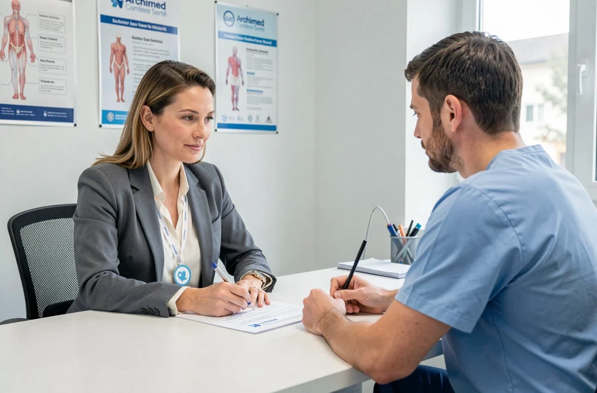 Recruteuse d'Archimed Carrière Santé en entretien avec un infirmier candidat, examinant des qualifications médicales dans un bureau spécialisé santé