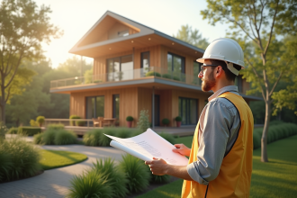 Architecte moderne avec plans devant un bâtiment durable en bois