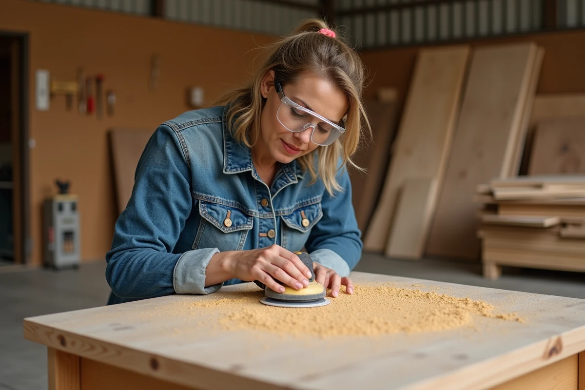 Artisane menuisière ponçant un meuble en bois dans un atelier de menuiserie