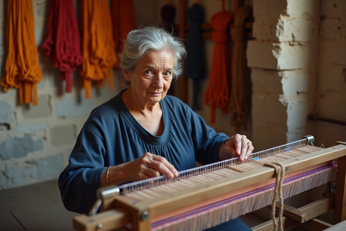 Artisane tisserande travaillant sur un métier à tisser dans un atelier traditionnel