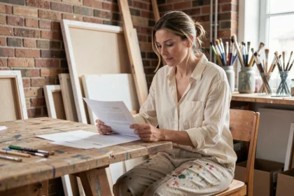 Artiste visuelle en portage salarial révisant un contrat dans son atelier de peinture