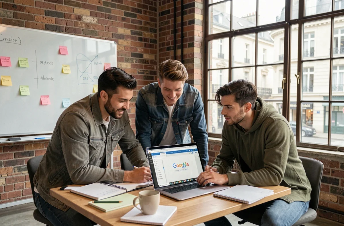 Équipe de l'agence ASK WOLF collaborant sur une stratégie Google Ads dans un espace de travail moderne et créatif