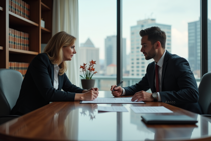 Femme et jeune homme examinant un contrat dans un bureau moderne