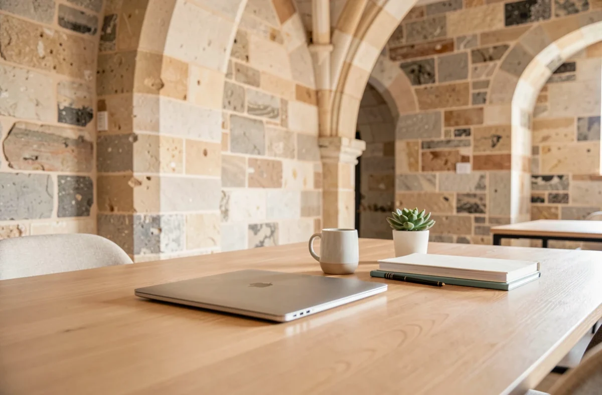 Bureau de coworking vide et bien aménagé dans un bâtiment en pierre de Saint-Malo prêt à accueillir un professionnel