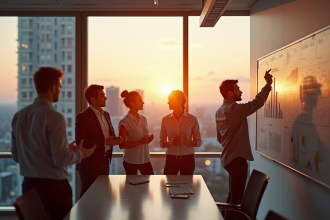 Bureau moderne au lever du soleil avec équipe collaborative