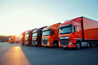 Plusieurs camions cargo modernes colorés stationnés en plein jour