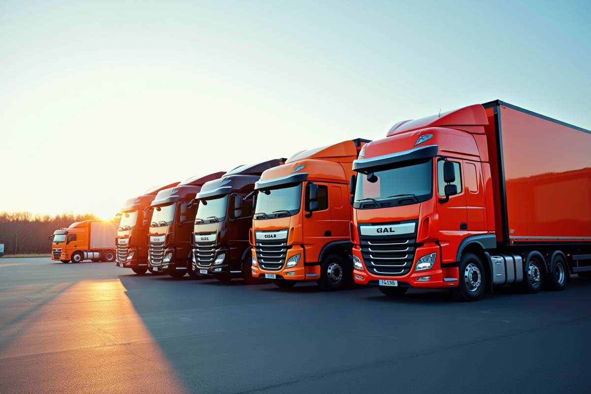 Plusieurs camions cargo modernes colorés stationnés en plein jour