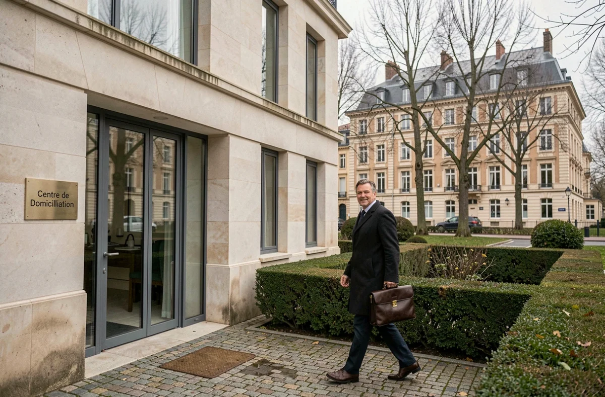 Façade d'un centre de domiciliation d'entreprises dans une ville des Yvelines avec un dirigeant à l'entrée