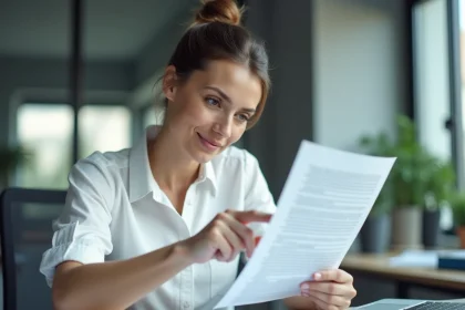 Chargée de clientèle ADV analysant un contrat Incoterm DDP dans un bureau professionnel moderne