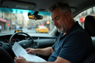 Chauffeur de taxi parisien consultant des documents financiers dans son véhicule, réfléchissant à la rentabilité de sa licence taxi en 2026