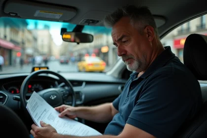 Chauffeur de taxi parisien consultant des documents financiers dans son véhicule, réfléchissant à la rentabilité de sa licence taxi en 2026