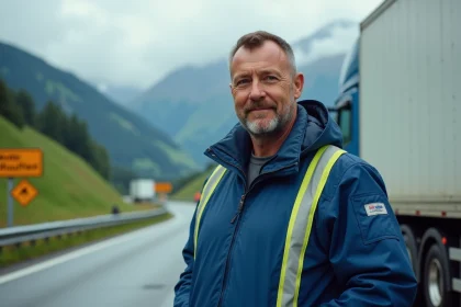 Conducteur de camion suisse à côté d'un long véhicule