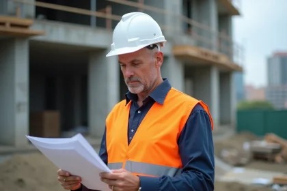Chef de chantier BTP analysant un devis sur une planche à pince devant un chantier de construction en cours