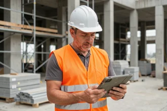 Chef de chantier BTP consultant un plan numérique sur tablette avec gilet de sécurité orange sur un chantier de construction