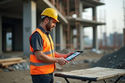 Chef de chantier BTP consultant un outil de gestion numérique sur tablette devant un chantier de construction en cours