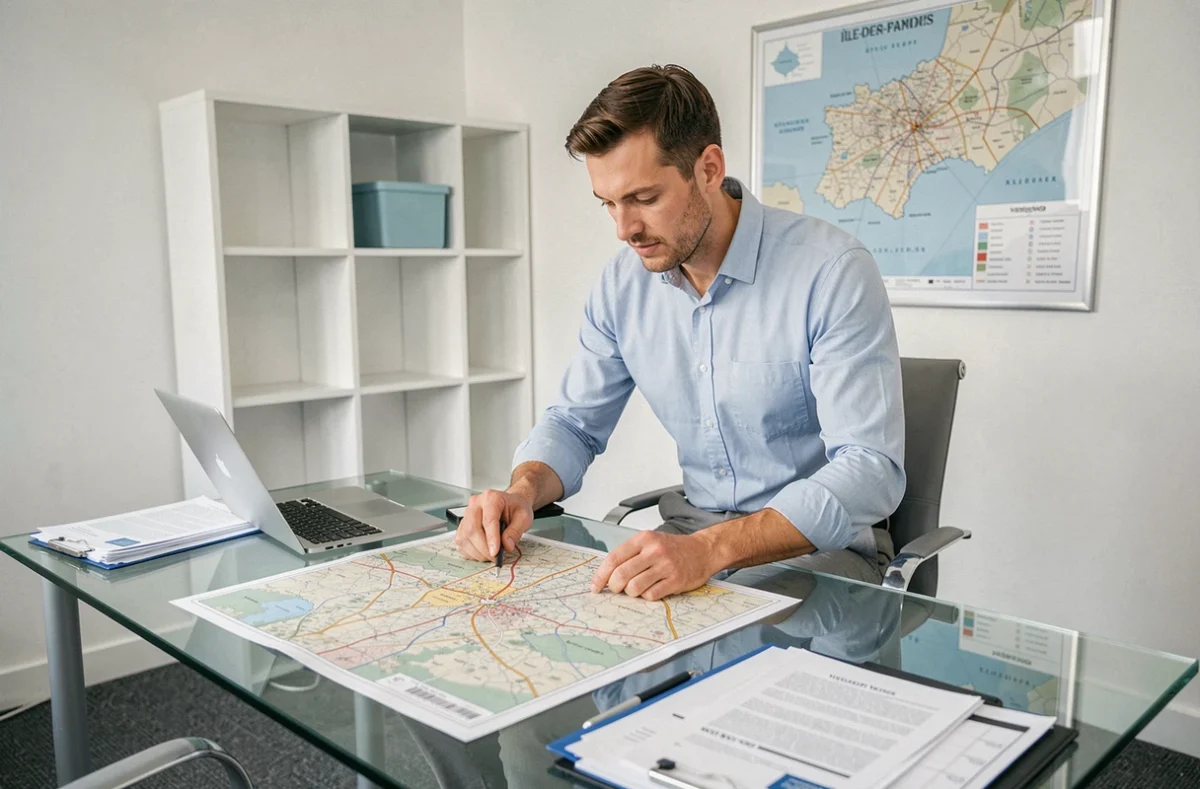 Entrepreneur consultant une carte administrative des Yvelines pour choisir l'adresse de domiciliation de son entreprise