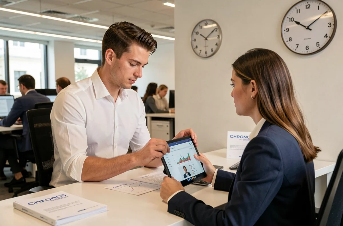 Consultant de Chronos Intérim examinant le portfolio numérique d'une candidate sur tablette dans un bureau moderne et minimaliste