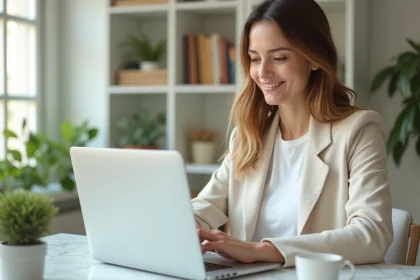 Coach en ligne travaillant sur son espace Stan.store depuis un bureau à domicile minimaliste et moderne