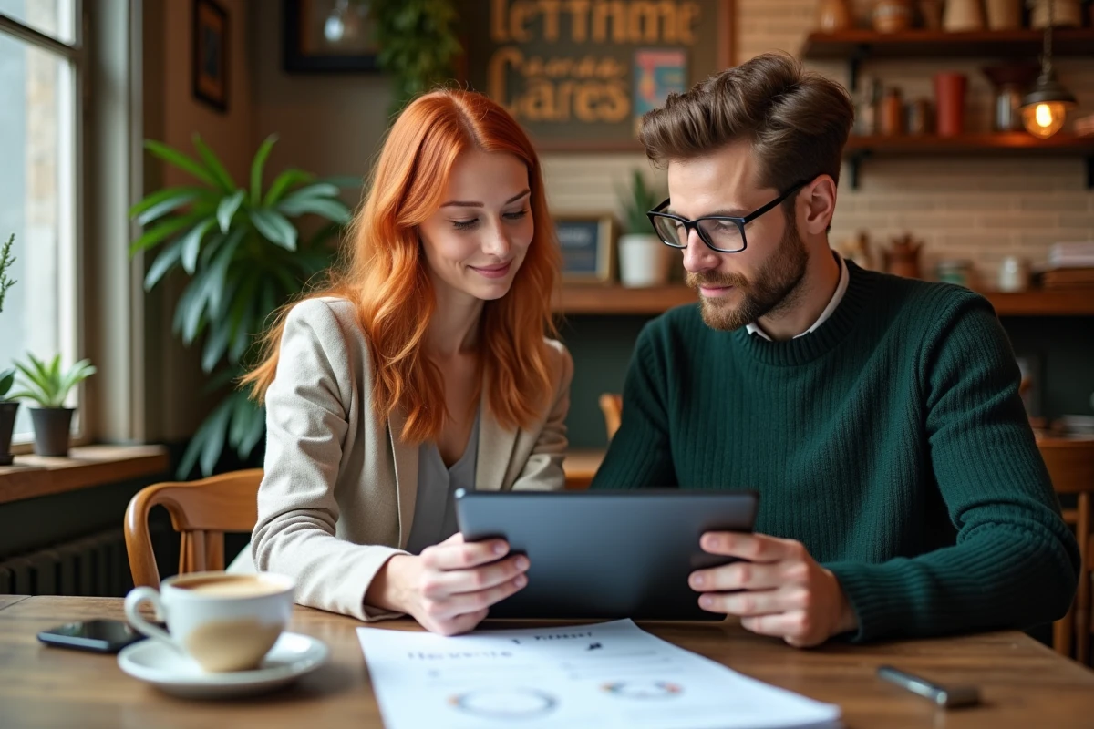 Deux professionnels du marketing collaborant sur un audit SEO et une stratégie de référencement dans un café traditionnel alsacien