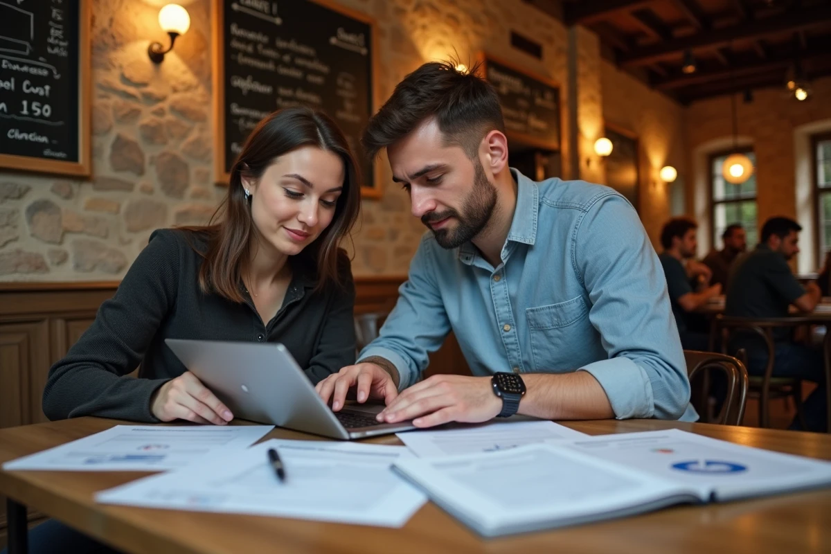 Deux professionnels du web collaborant sur un audit SEO et une refonte de site dans un café alsacien à Colmar