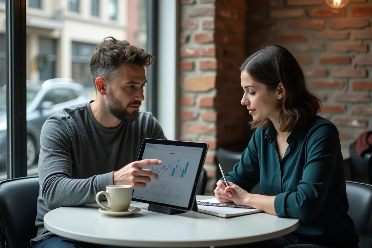Deux professionnels alignant théorie de formation business et résultats terrain autour d'un tableau de bord sur tablette dans un café urbain