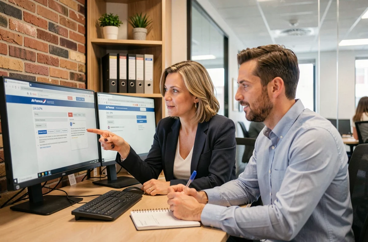 Deux collègues Air France consultant ensemble l'intranet IPN pour préparer une prise de poste en entreprise