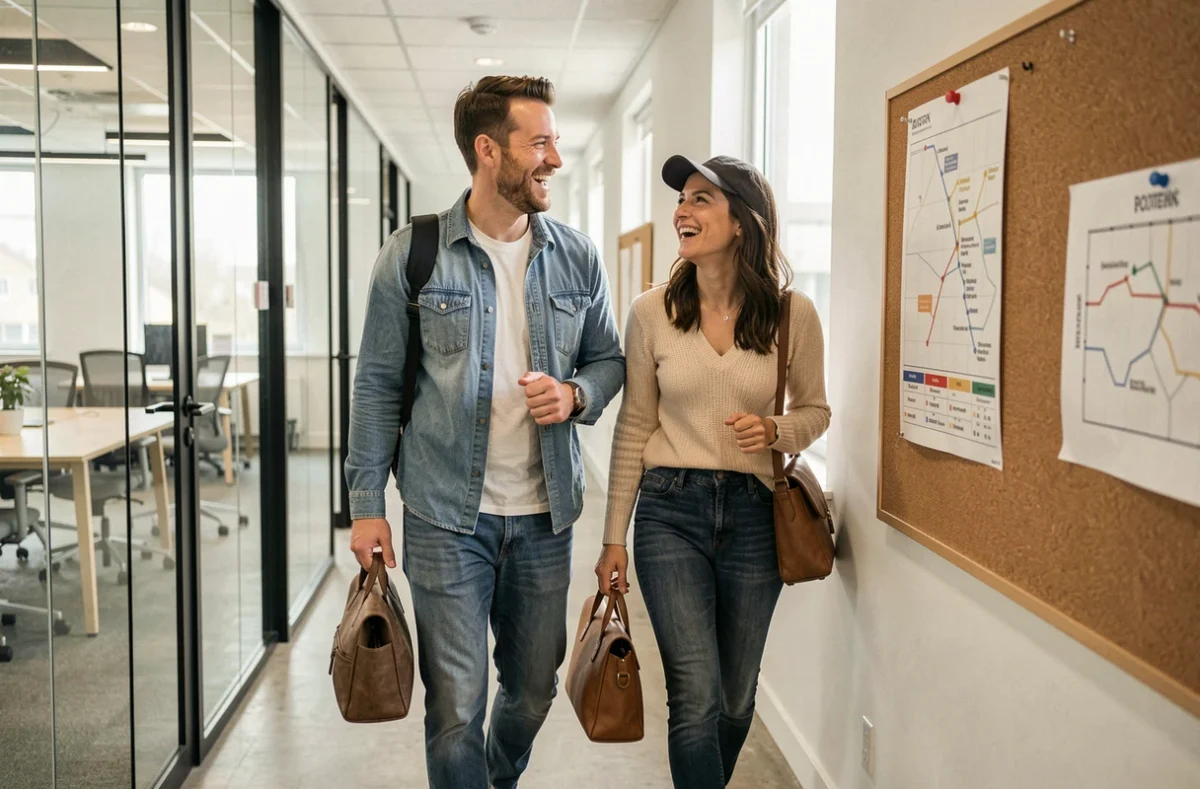 Deux professionnels en déplacement dans un couloir de coworking près des transports en commun à Antony
