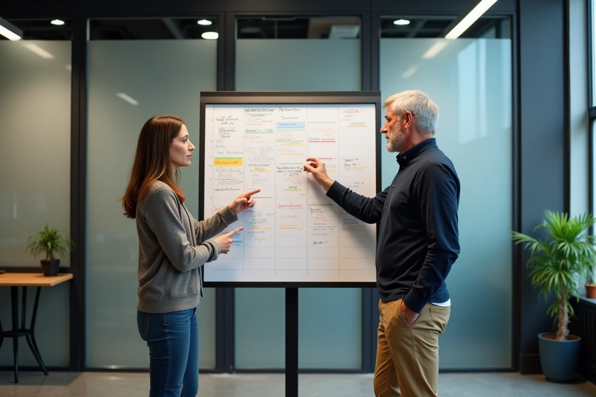 Deux collègues discutant du décompte des jours de travail devant un planning annuel mural en entreprise
