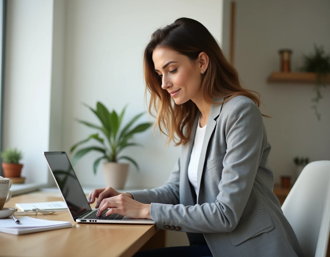 Femme comparant des devis de travaux BTP en ligne sur un ordinateur portable depuis son bureau à domicile