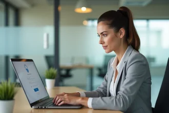 Femme en blazer gris connectée à un portail RH en ligne sur son ordinateur portable dans un bureau moderne