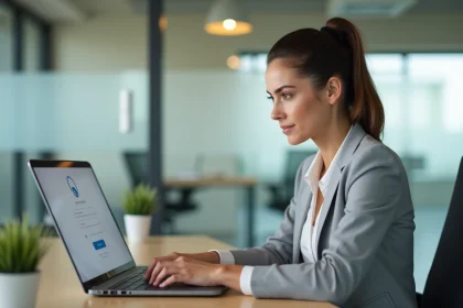Femme en blazer gris connectée à un portail RH en ligne sur son ordinateur portable dans un bureau moderne