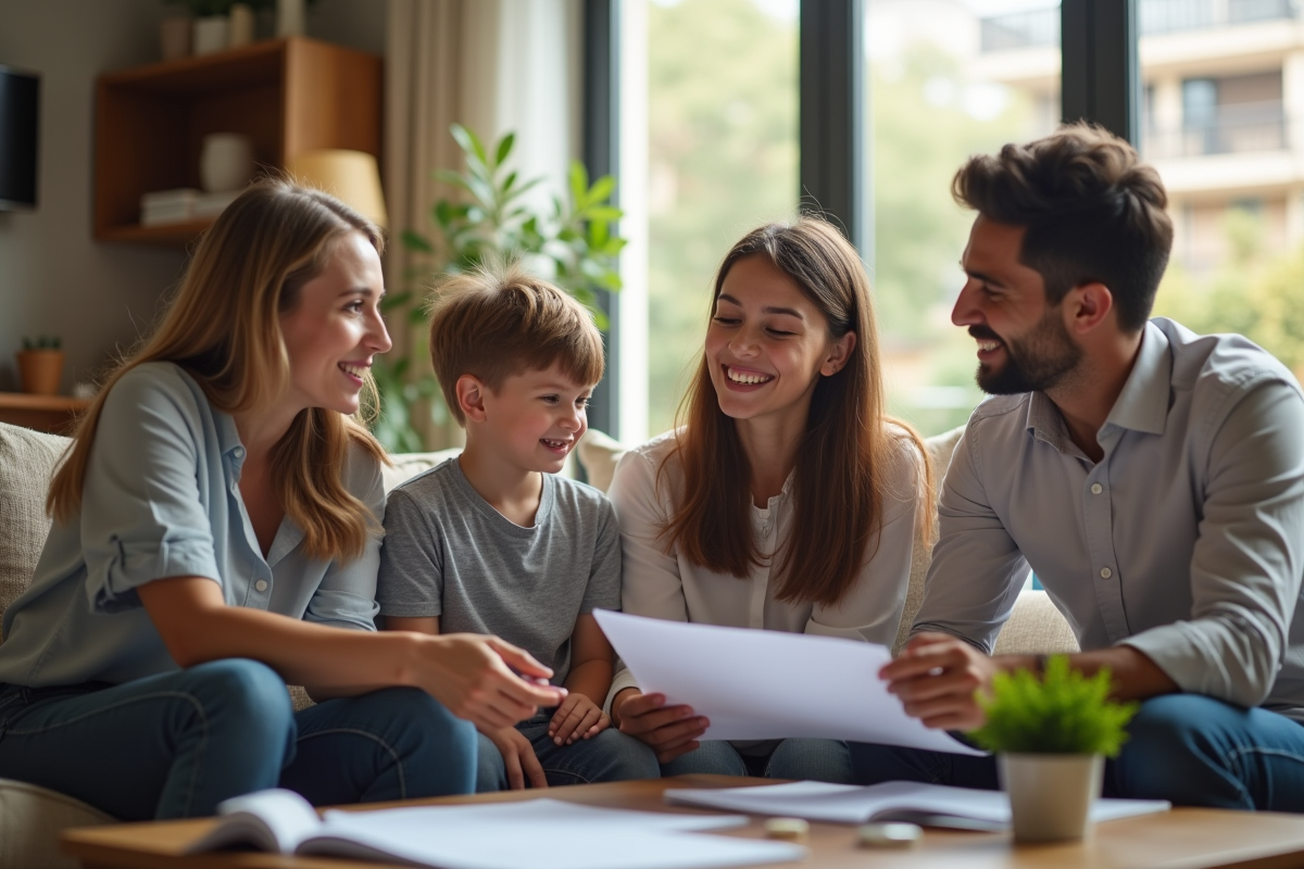 Consultant aidant une famille dans un salon chaleureux