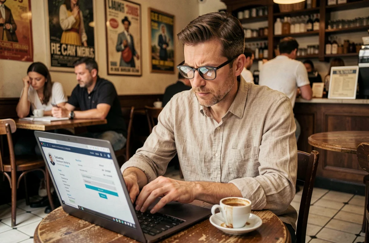 Consultant indépendant recherchant les étapes du portage salarial sur son ordinateur dans un café parisien