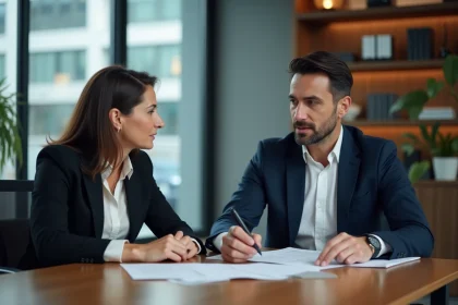 Consultant en costume navy discutant avec une cliente en bureau moderne