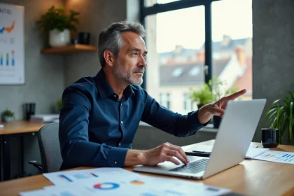 Consultant SEO Rennes analysant une stratégie de référencement naturel sur un ordinateur portable dans un espace de coworking moderne