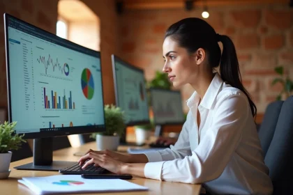 Consultante SEO analysant un audit de référencement sur ordinateur dans un espace de travail alsacien avec murs en pierre apparente