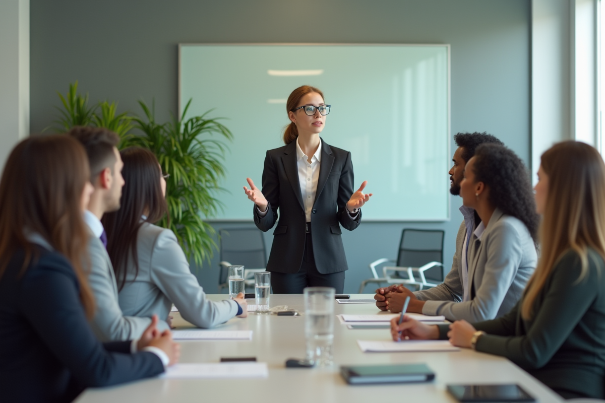 Femme conseillère sécurité expliquant procédures à un groupe